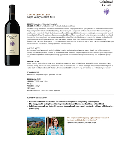 Napa Valley Merlot 2016 Fact Sheet