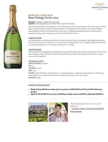 Brut Vintage Cuvée 2015 Fact Sheet