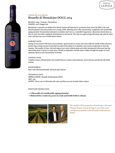 Brunello di Montalcino DOCG 2014 Fact Sheet