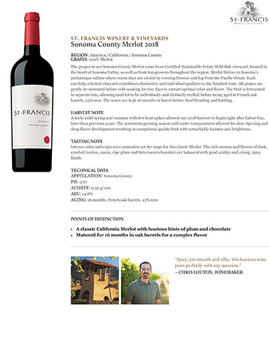 Sonoma County Merlot 2018 Fact Sheet