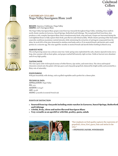 Napa Valley Sauvignon Blanc 2018 Fact Sheet