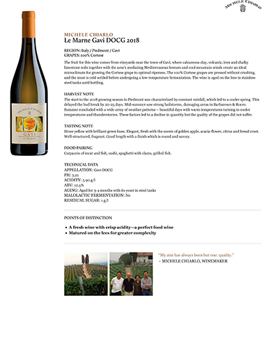 Le Marne Gavi DOCG 2018 Fact Sheet