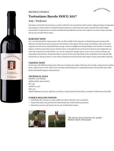 Tortoniano Barolo DOCG 2017 Fact Sheet