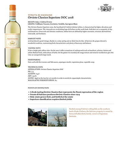 Orvieto Classico Superiore DOCG 2018 Fact Sheet