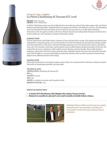 La Pietra Chardonnay di Toscana IGT 2018 Fact Sheet