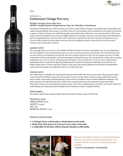 Guimaraens Vintage Port 2013 Fact Sheet