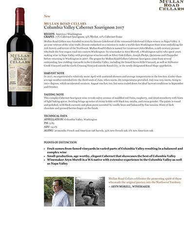 Columbia Valley Cabernet Sauvignon 2017 Fact Sheet