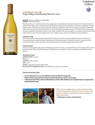 Napa Valley Chardonnay Reserve 2017 Fact Sheet