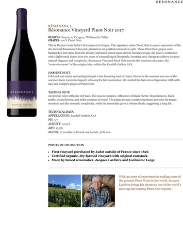 Résonance Vineyard Pinot Noir 2017 Fact Sheet