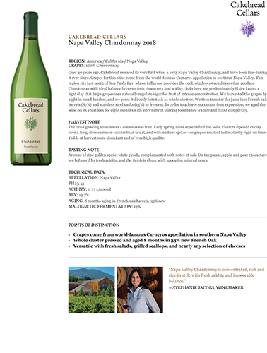 Napa Valley Chardonnay 2018 Fact Sheet