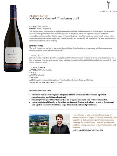 Kidnappers Vineyard Chardonnay 2018 Fact Sheet