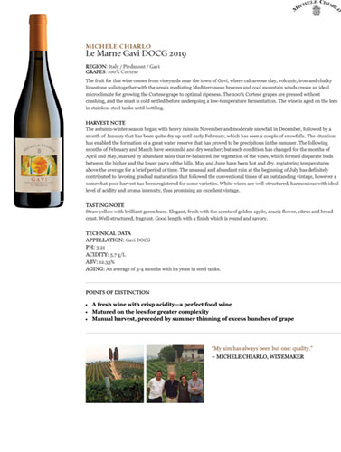 Le Marne Gavi DOCG 2019 Fact Sheet