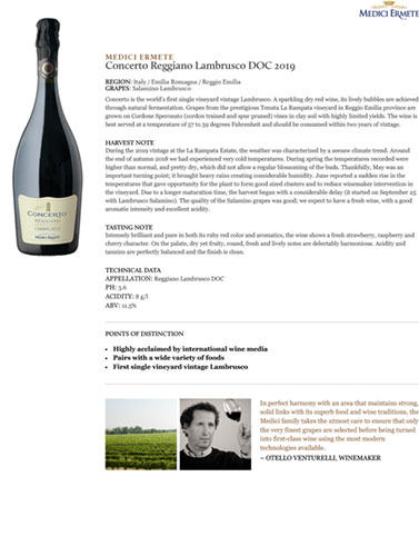 Concerto Reggiano Lambrusco DOC 2019 Fact Sheet