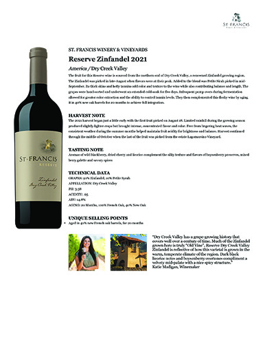 Reserve Zinfandel 2021 Fact Sheet