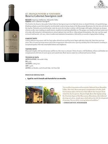 Reserve Cabernet Sauvignon 2018 Fact Sheet