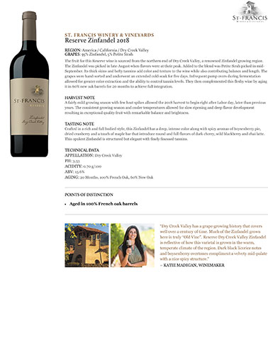 Reserve Zinfandel 2018 Fact Sheet