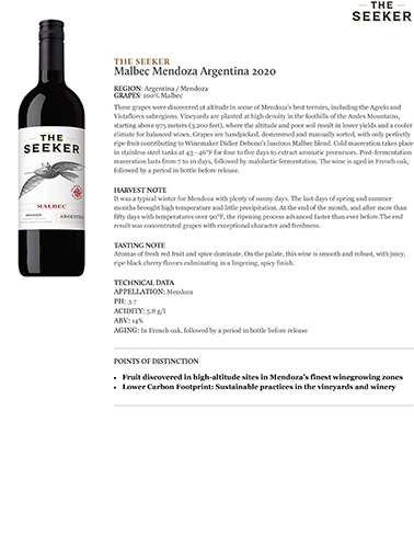 Malbec Mendoza Argentina 2020 Fact Sheet