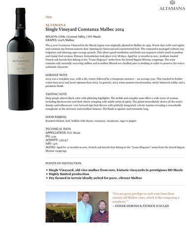 Single Vineyard Constanza Malbec 2014 Fact Sheet