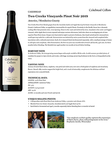 Two Creeks Vineyards Pinot Noir 2019 Fact Sheet