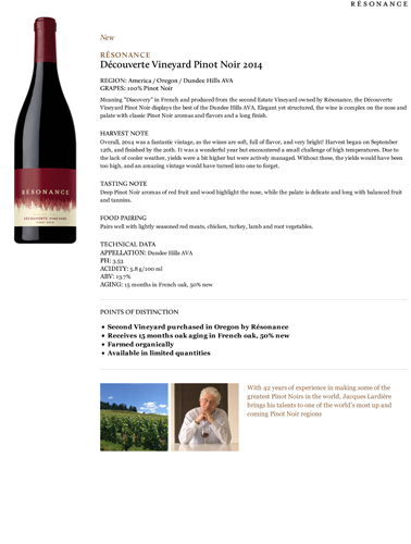Découverte Vineyard Pinot Noir Fact Sheet