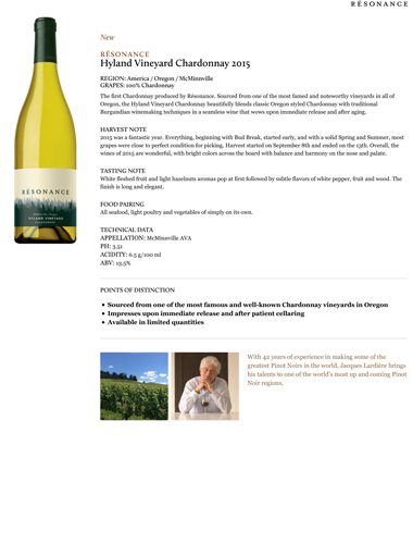 Hyland Vineyard Chardonnay 2015 Fact Sheet