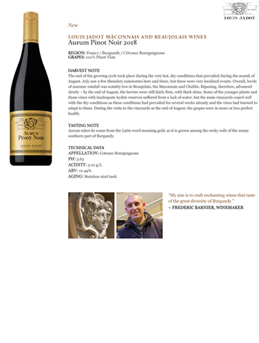 Aurum Pinot Noir 2018 Fact Sheet