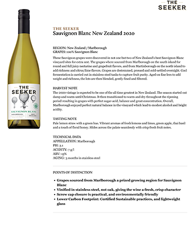 Sauvignon Blanc New Zealand 2020 Fact Sheet