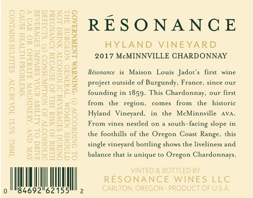 Hyland Vineyard Chardonnay 2017 Back Label