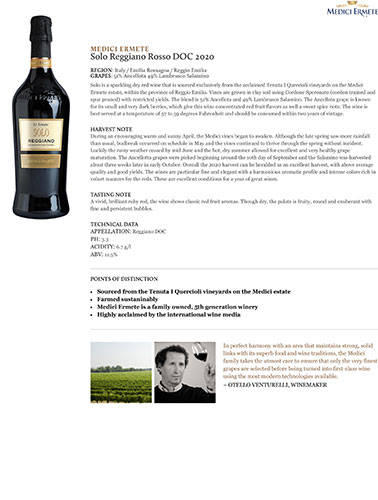 Solo Reggiano Rosso DOC 2020 Fact Sheet