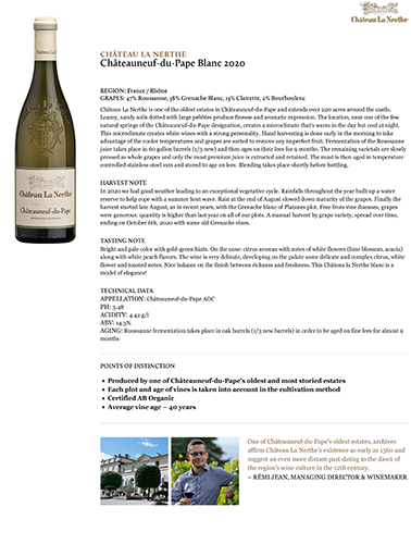 Châteauneuf-du-Pape Blanc 2020 Fact Sheet