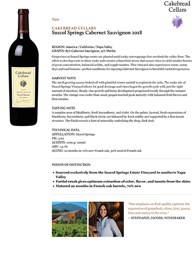 Suscol Springs Cabernet Sauvignon 2018 Fact Sheet