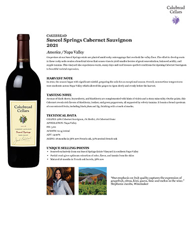 Suscol Springs Cabernet Sauvignon 2021 Fact Sheet