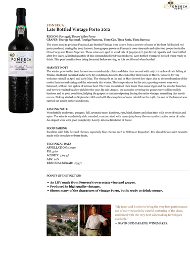 Late Bottled Vintage Porto 2012 Fact Sheet