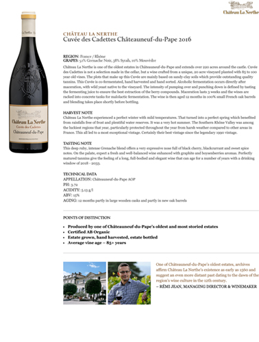 Cuvée des Cadettes Châteauneuf-du-Pape 2016 Fact Sheet