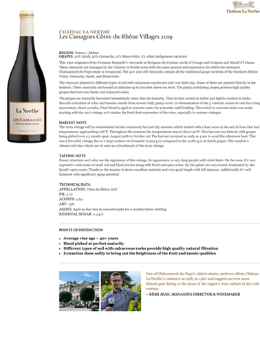 Les Cassagnes Côtes-du-Rhône Villages 2019 Fact Sheet