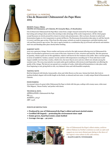 Clos de Beauvenir Chateauneuf-du-Pape Blanc 2015 Fact Sheet