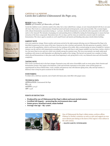 Cuvee des Cadettes Chateauneuf-du-Pape 2015 Fact Sheet