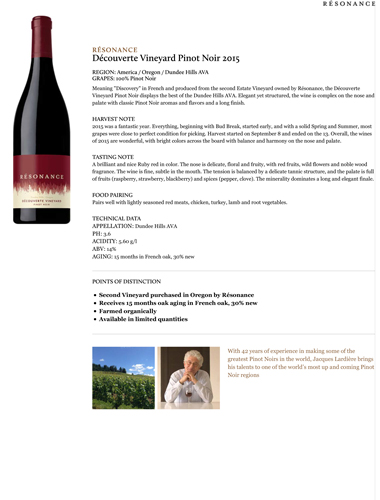 Découverte Vineyard Pinot Noir 2015 Fact Sheet