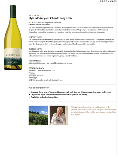 Hyland Vineyard Chardonnay 2016 Fact Sheet