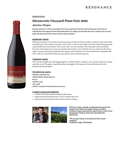 Découverte Vineyard Pinot Noir 2021 Fact Sheet
