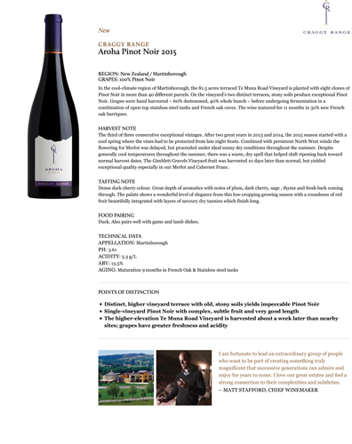 Aroha Pinot Noir 2015 Fact Sheet