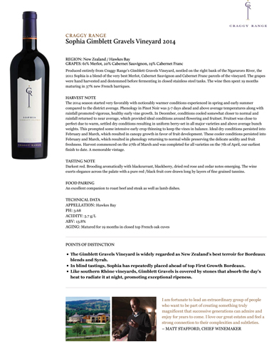 Sophia Gimblett Gravels Vineyard 2014 Fact Sheet