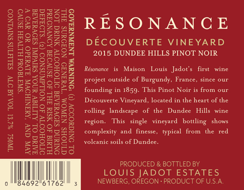 Découverte Vineyard Pinot Noir 2015 Back Label