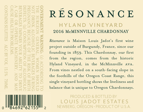 Hyland Vineyard Chardonnay 2016 Back Label