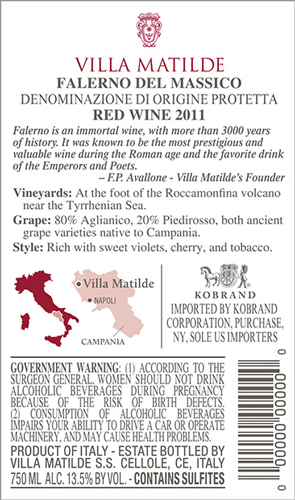 Falerno del Massico Rosso DOP 2011 Back Label