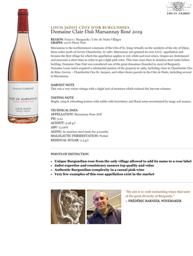 Domaine Clair-Daü Marsannay Rosé 2019 Fact Sheet