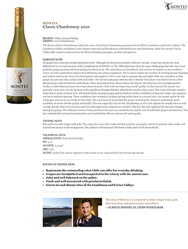 Montes Classic Chardonnay 2020 Fact Sheet