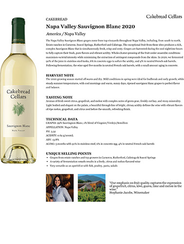 Napa Valley Sauvignon Blanc 2020 Fact Sheet