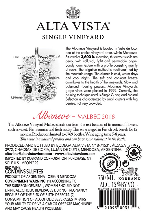 Single Vineyard Albaneve 2018 Back Label