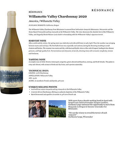 Willamette Valley Chardonnay 2020 Fact Sheet